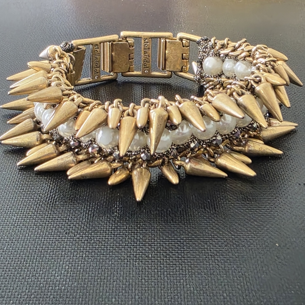 Stella Dot Chunky Bracelet Gold Tone Spikes Faux Pearl Hematite Grunge Statement